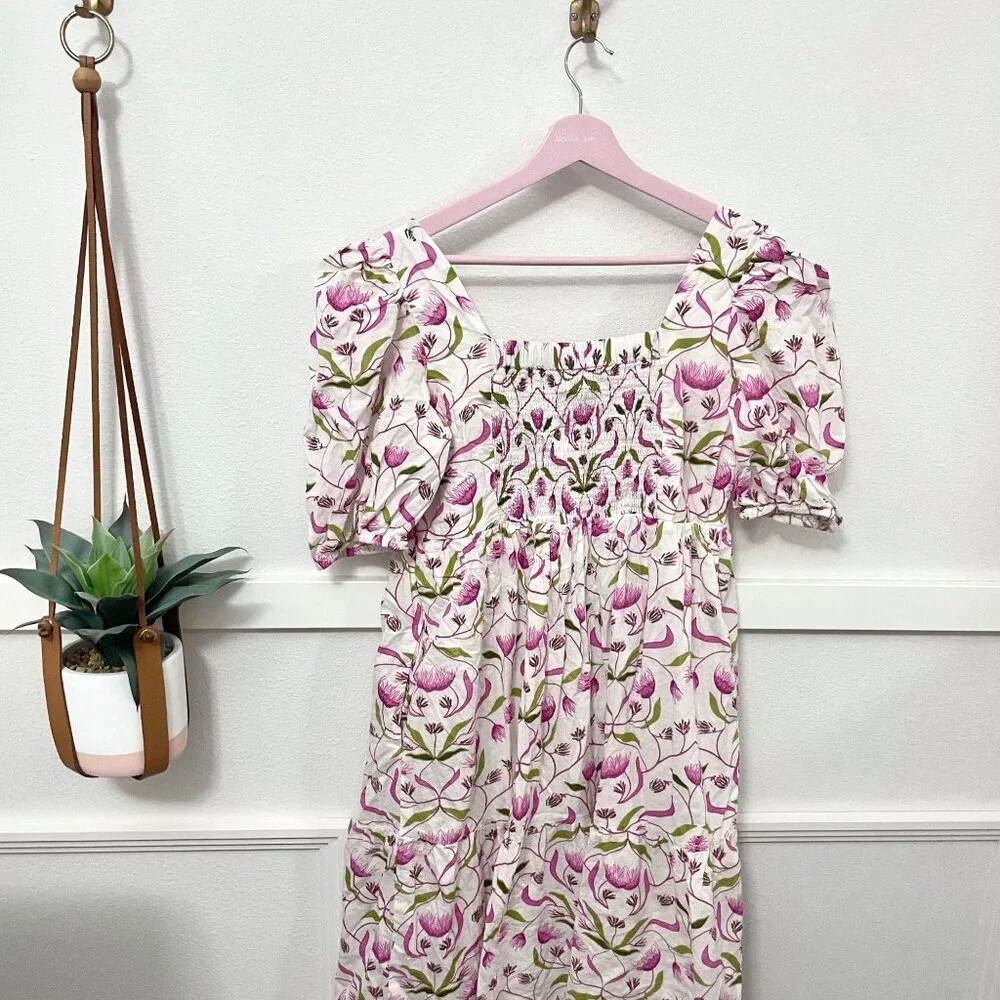 Monsoon & Beyond 1919 Estella Mongrove Pink Floral Puff Sleeve Midi Dress Size L - Picture 5 of 6